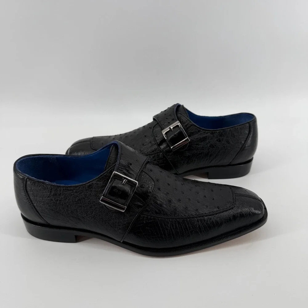 Belvedere Dress Shoes Men's 8.5 Black Genuine Ostrich Strap Square Toe Exotic